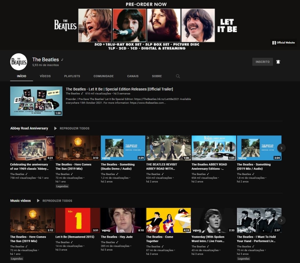 Amostra do Canal do Youtube dos Beatles